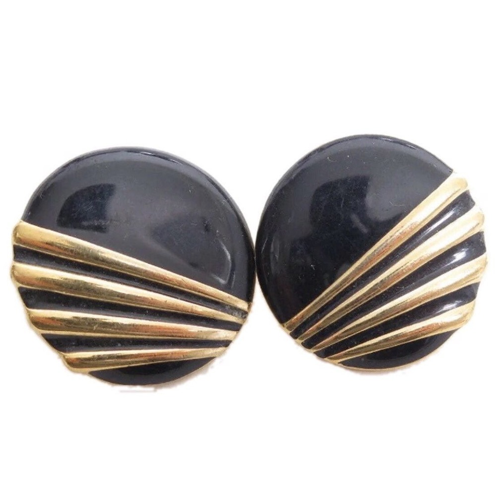 Trifari Designer Signed Vintage 1980's Black Enamel Round Gold Plated Earrings